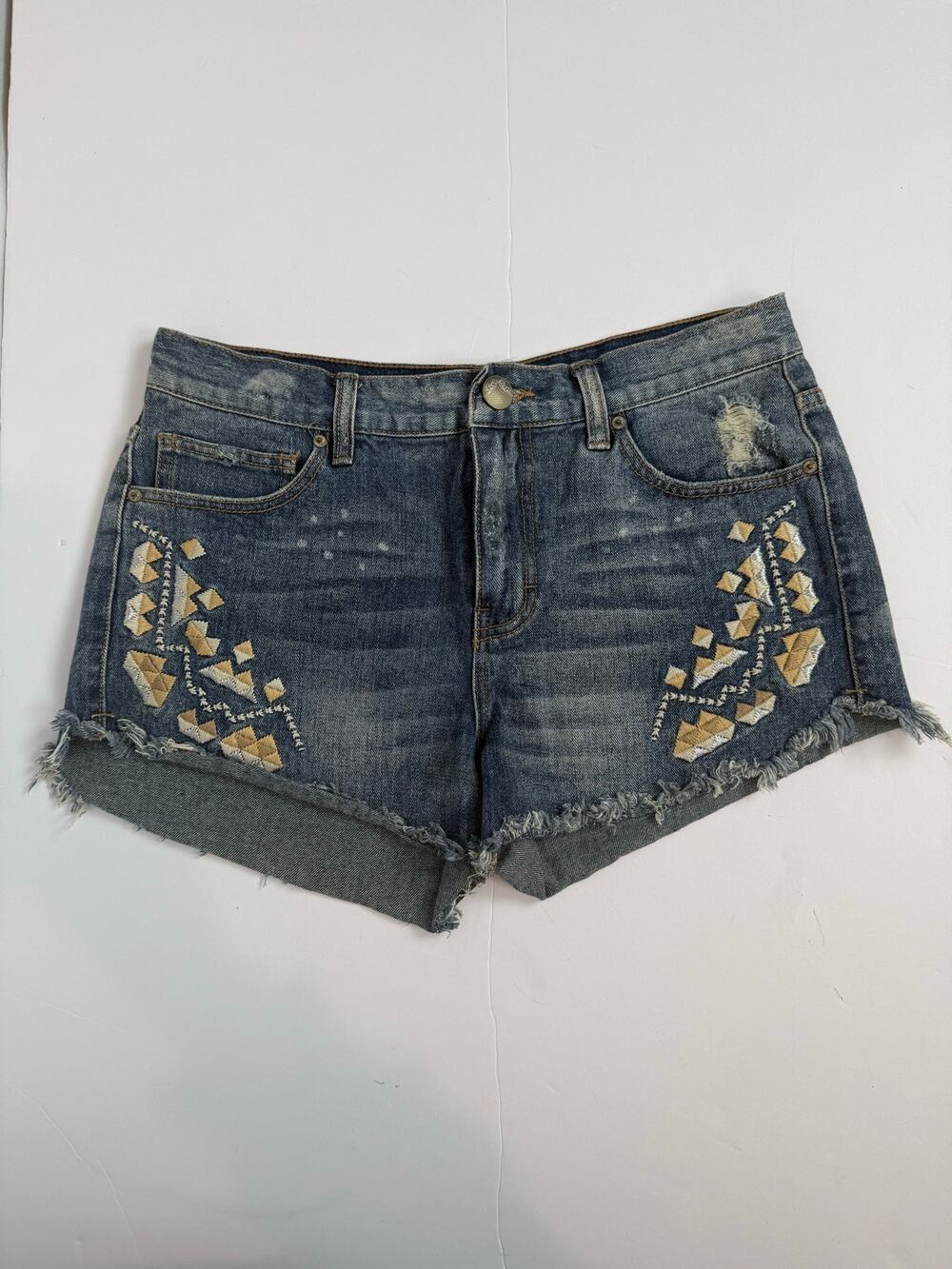 Free People Embroidered Aztec Denim Cutoff Shorts Size 27 Boho